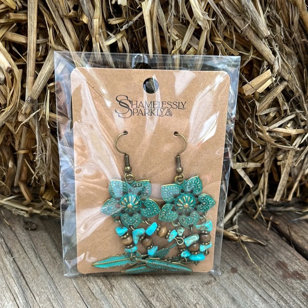 Boho Gypsy Stamped Metal Patina Drop Earrings - Picture 8 of 13